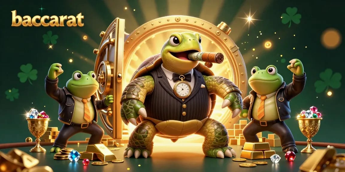 Engage in baccarat with a vibrant scene featuring a mobster turtle and bullfrog enforcers amidst gold treasures.
