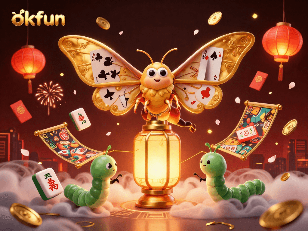 Engage with thrilling gaming at okfun featuring a majestic moth and festive casino elements.
