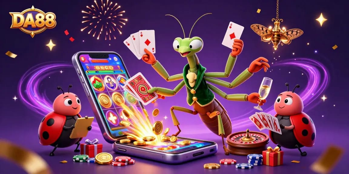 Experience the thrill with DA88's vibrant casino scene featuring colorful slot games and engaging characters.