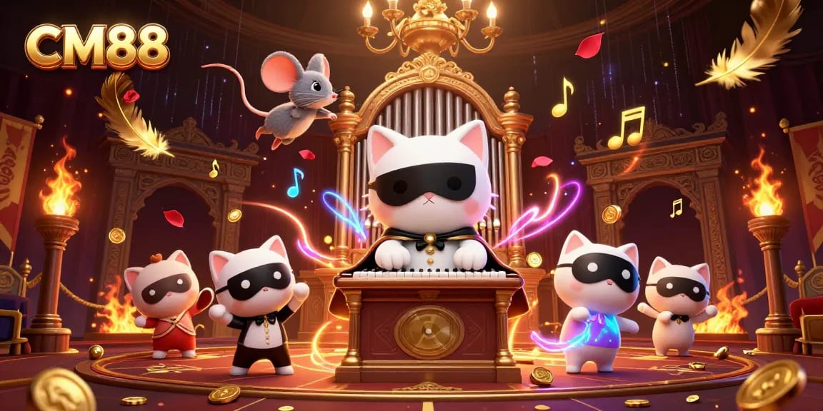 Engage with CM88's immersive casino experience, where the phantom cat and acrobat inspire winnings in a vibrant setting.