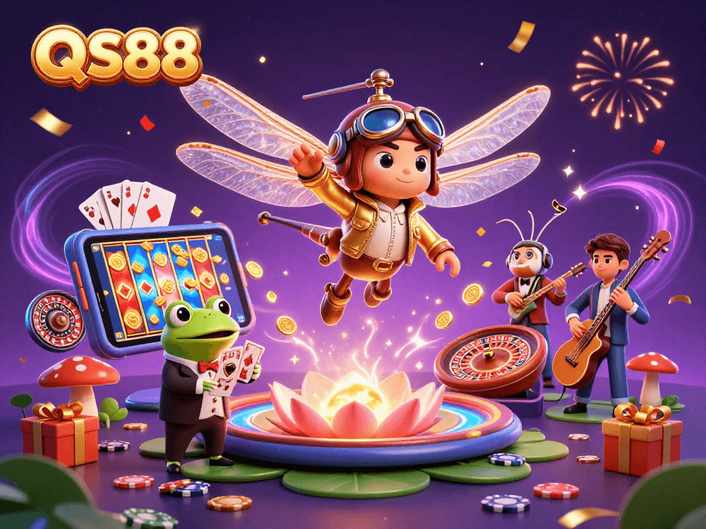 Experience thrilling gameplay at QS88 with an exciting illustration of a dragonfly pilot above a casino.