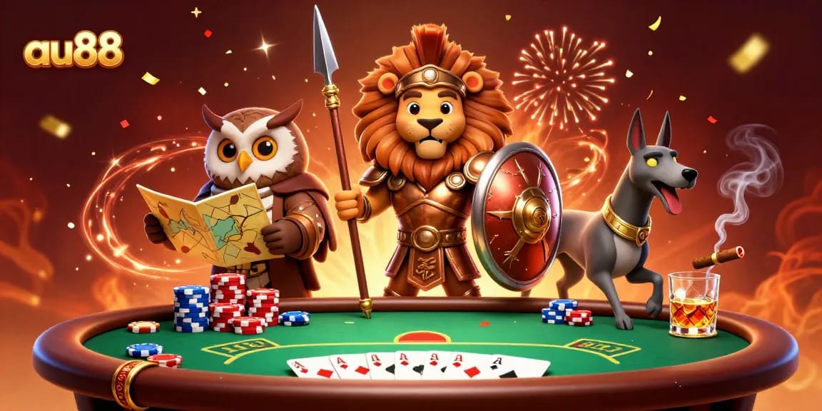 Experience thrilling gameplay at AU88 with a dynamic 3D illustration featuring a Spartan lion and tactical strategist.