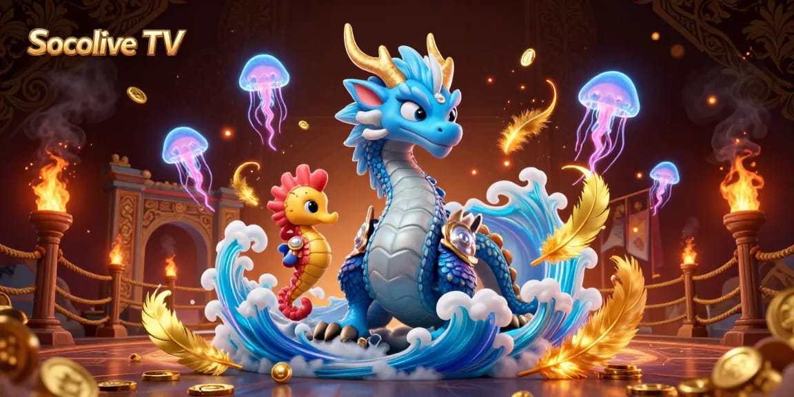 Socolive TV showcases a vibrant gambling scene with a 3D azure dragon and seahorse knight amidst gold coins and vivid jellyfish.