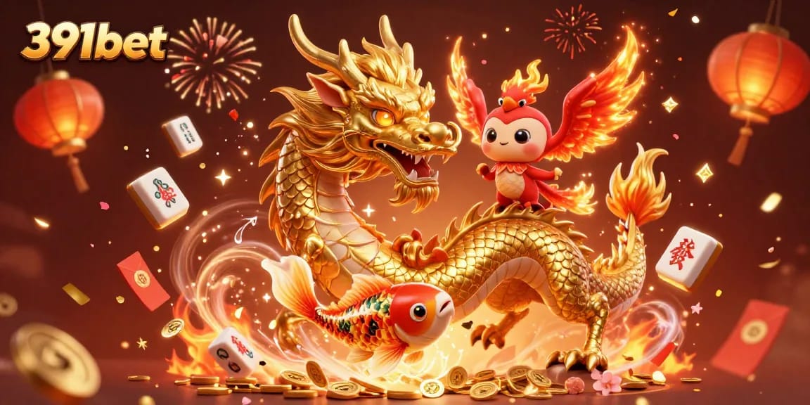 Experience the excitement of gaming at 391bet with this vibrant 3D illustration showcasing a golden dragon and phoenix.