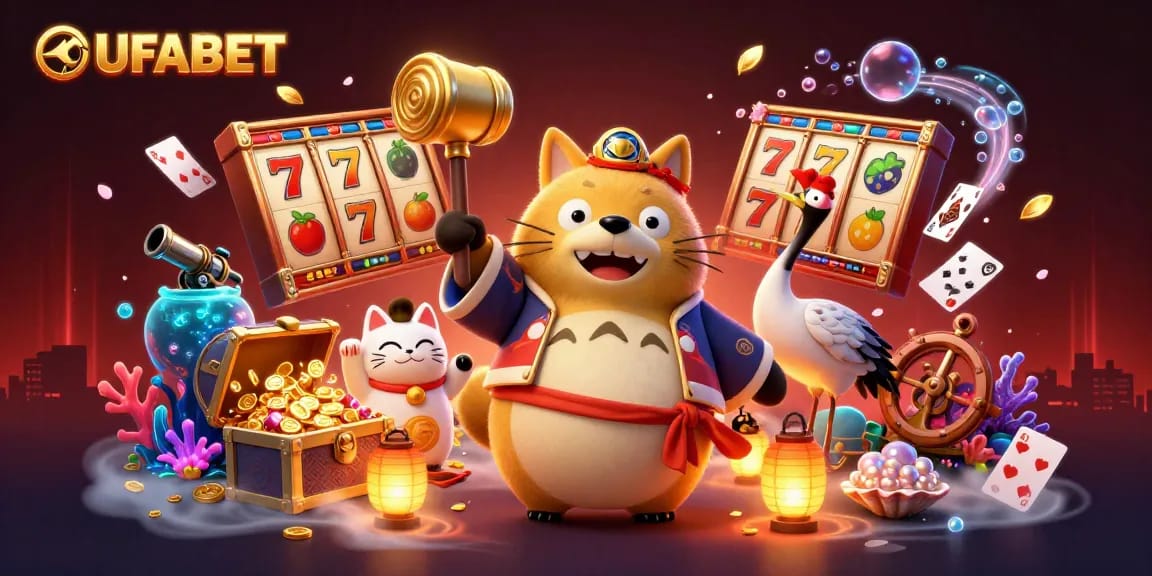 Win big with UFABET's vibrant slot games showcasing rich 3D characters in an animated casino scene.