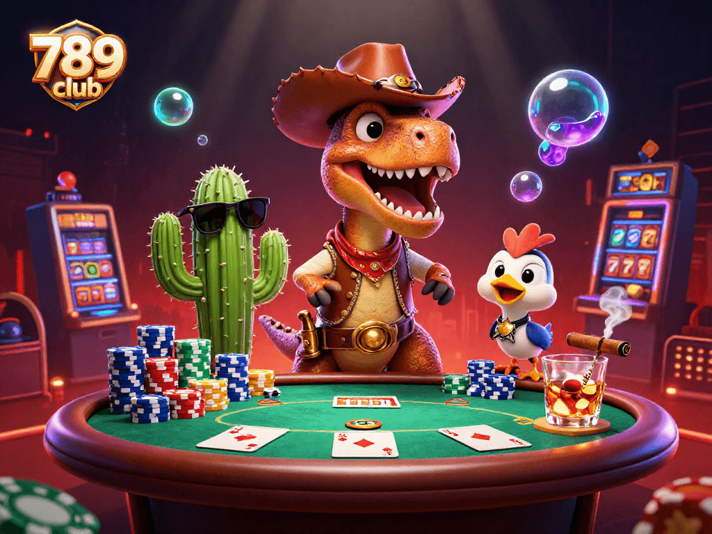 Engage in thrilling gameplay at 789 club with vibrant poker and dinosaur characters in action!