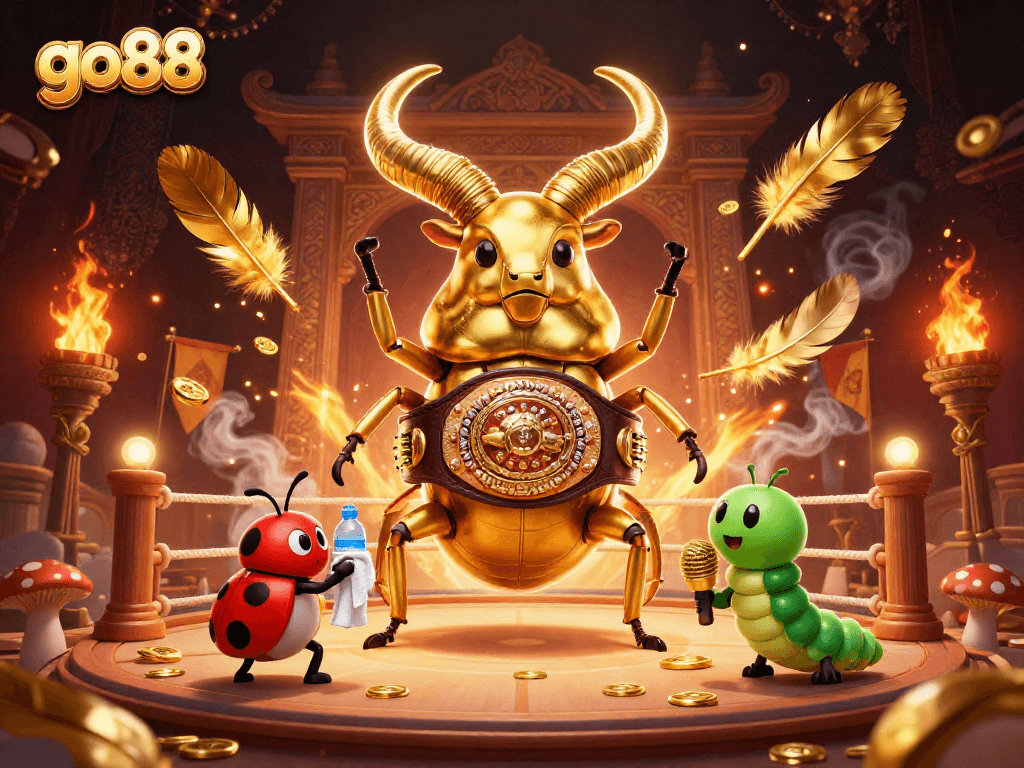 go88 showcases a vibrant 3D scene featuring a giant golden stag beetle in a boxing ring, emphasizing thrilling casino competition.