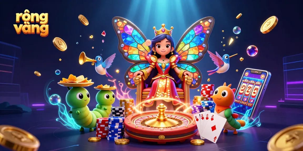 Win big with rồng vàng in this vibrant 3D casino scene featuring butterfly queen and golden treasures.