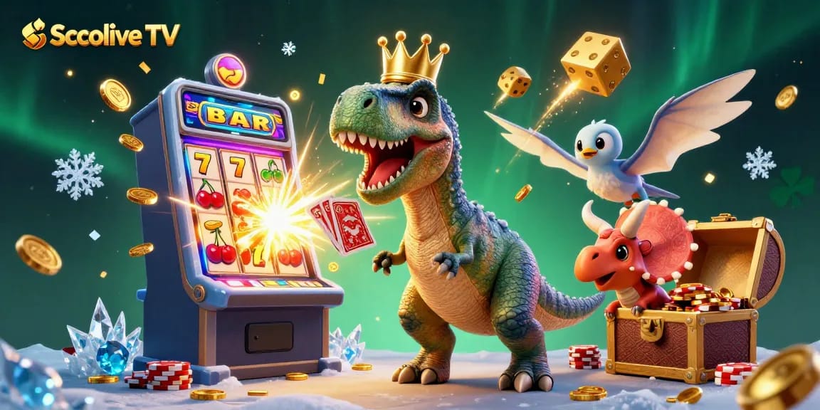 Socolive TV showcases a dynamic scene with friendly T-Rex shuffling cards, pterodactyl assistant, and baby triceratops stacking chips in a casino setting.