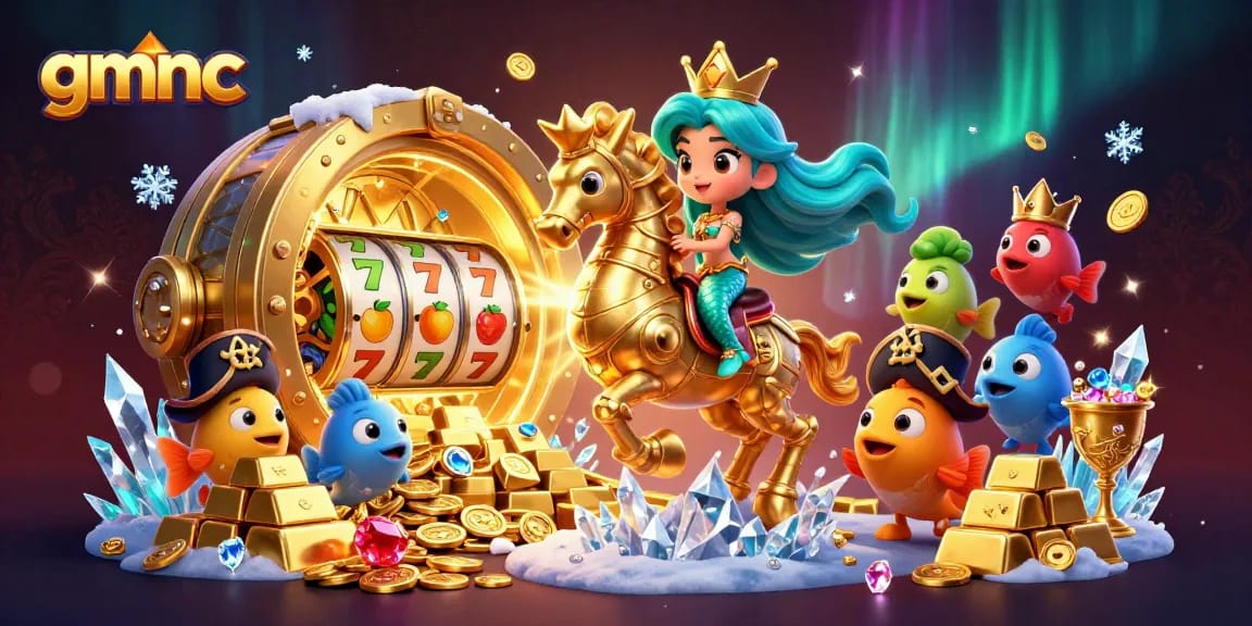 Experience gmnc's vibrant casino scene with a mermaid princess, seahorse, and slot symbols.