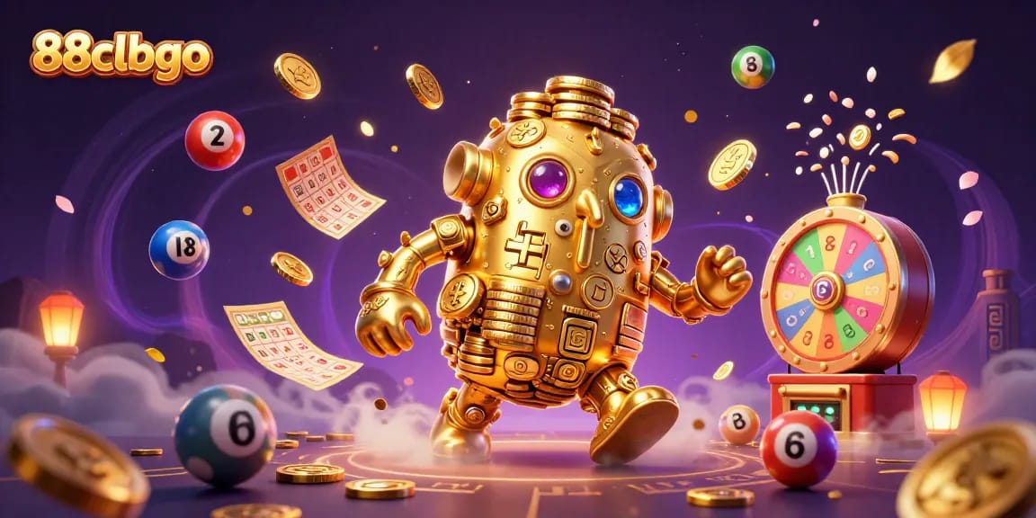 Experience thrilling moments with 88clbgo, featuring vibrant lottery elements and a dynamic golden golem.