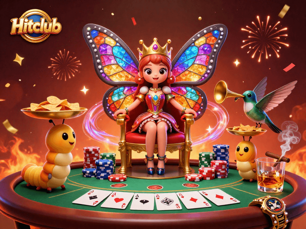 Hitclub showcases epic poker action with a vibrant butterfly queen and elegant gaming elements.
