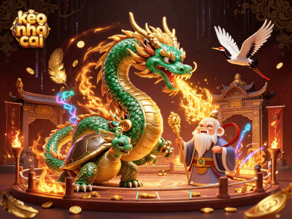 Engage with the dynamic kèo nhà cái atmosphere featuring a jade dragon and energetic casino elements.