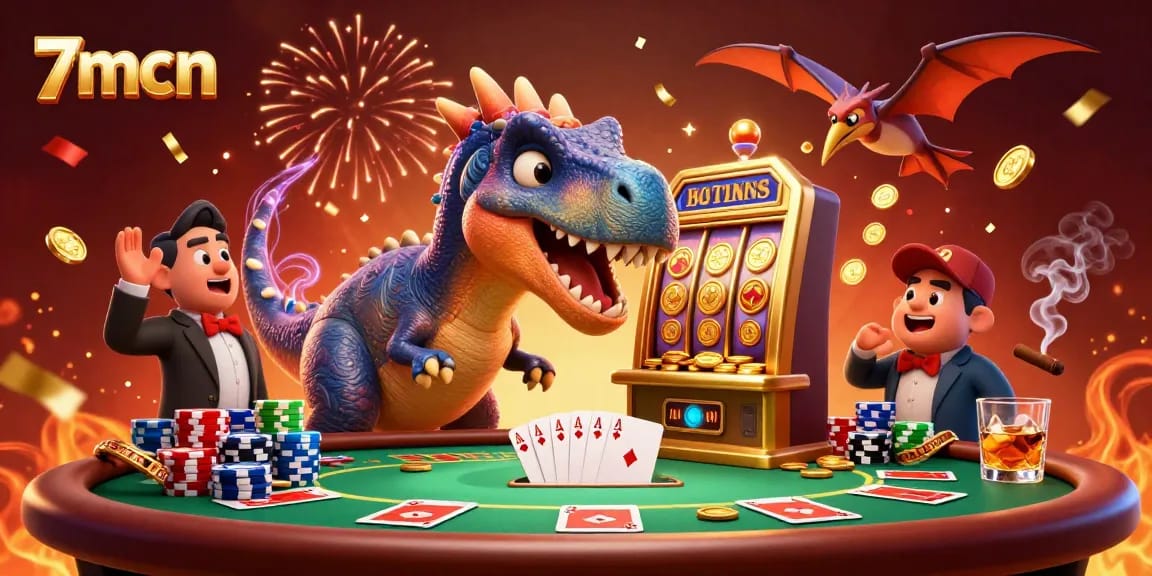 7mcn wins as a pachycephalosaurus headbutts a slot machine for jackpot coins in a vibrant casino scene.