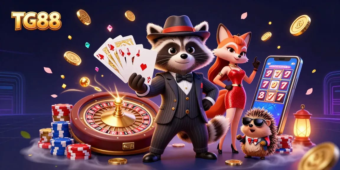 Engage with TG88, featuring a suave raccoon holding a royal flush in an energetic casino scene.