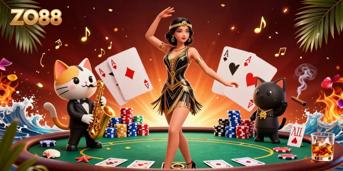 Experience the excitement of ZO88 with colorful poker chips, a lively flapper woman, and a saxophone-playing cat.