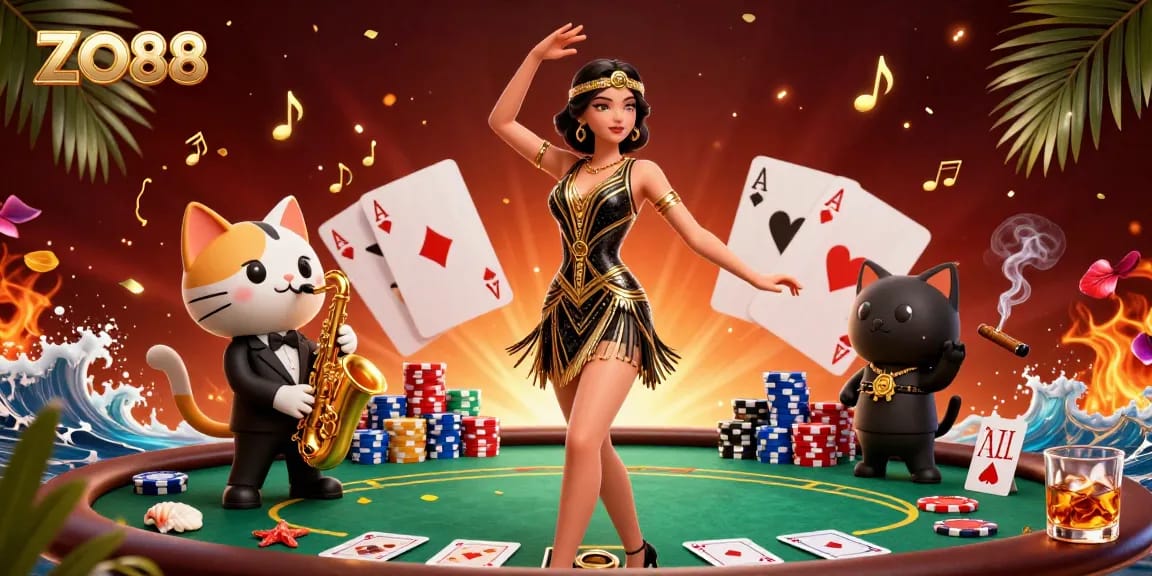 Experience the excitement of ZO88 with colorful poker chips, a lively flapper woman, and a saxophone-playing cat.