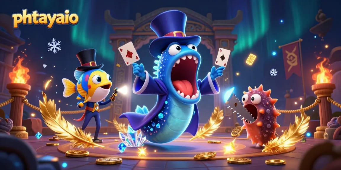 Phtayaio showcases thrilling card tricks by a deep-sea eel and friends in a captivating casino scene.