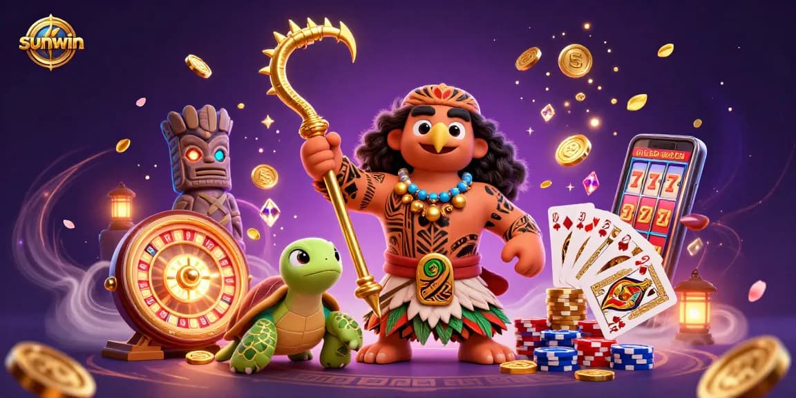 Win big at sunwin with a lively scene of a Polynesian demigod and casino elements surrounding them.