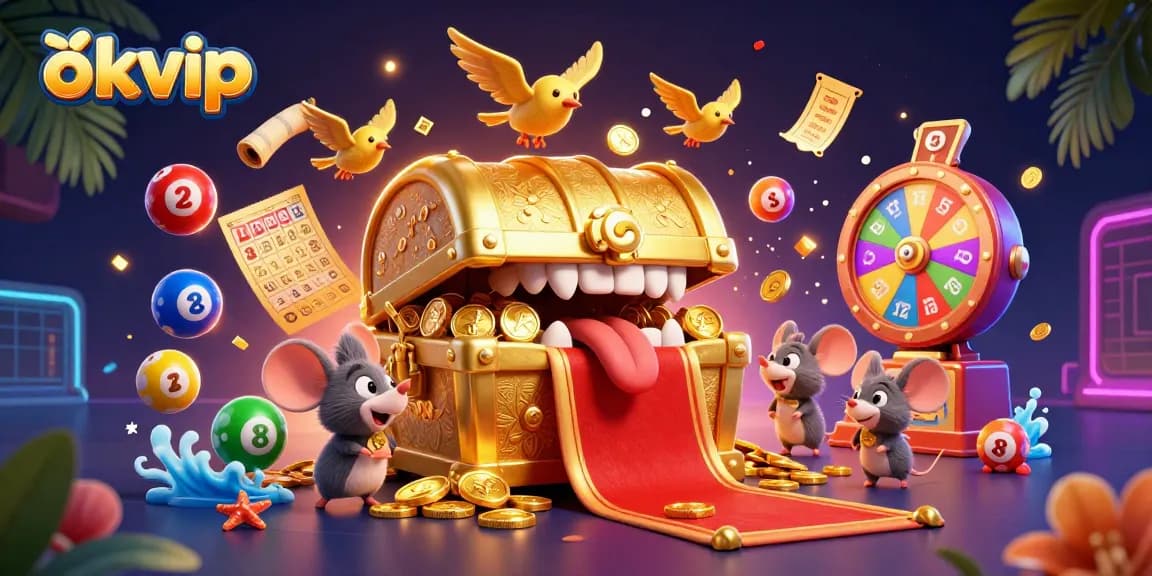 Experience the thrill of okvip with vibrant lottery elements and an adventurous treasure chest.
