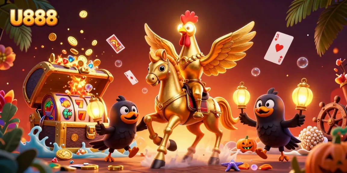 U888 delivers thrilling casino adventures with a luminous 3D rooster, dynamic slot reels, and vibrant gaming elements.