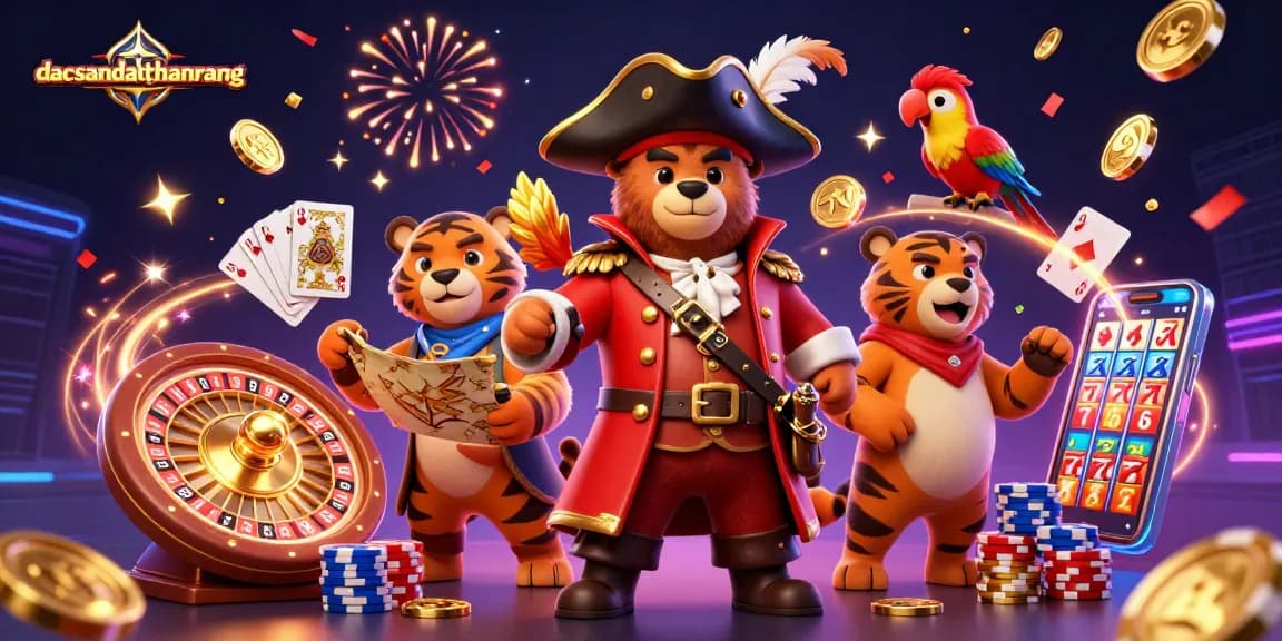Experience gaming excitement at dacsandatphanrang with colorful casino elements and characters celebrating wins.