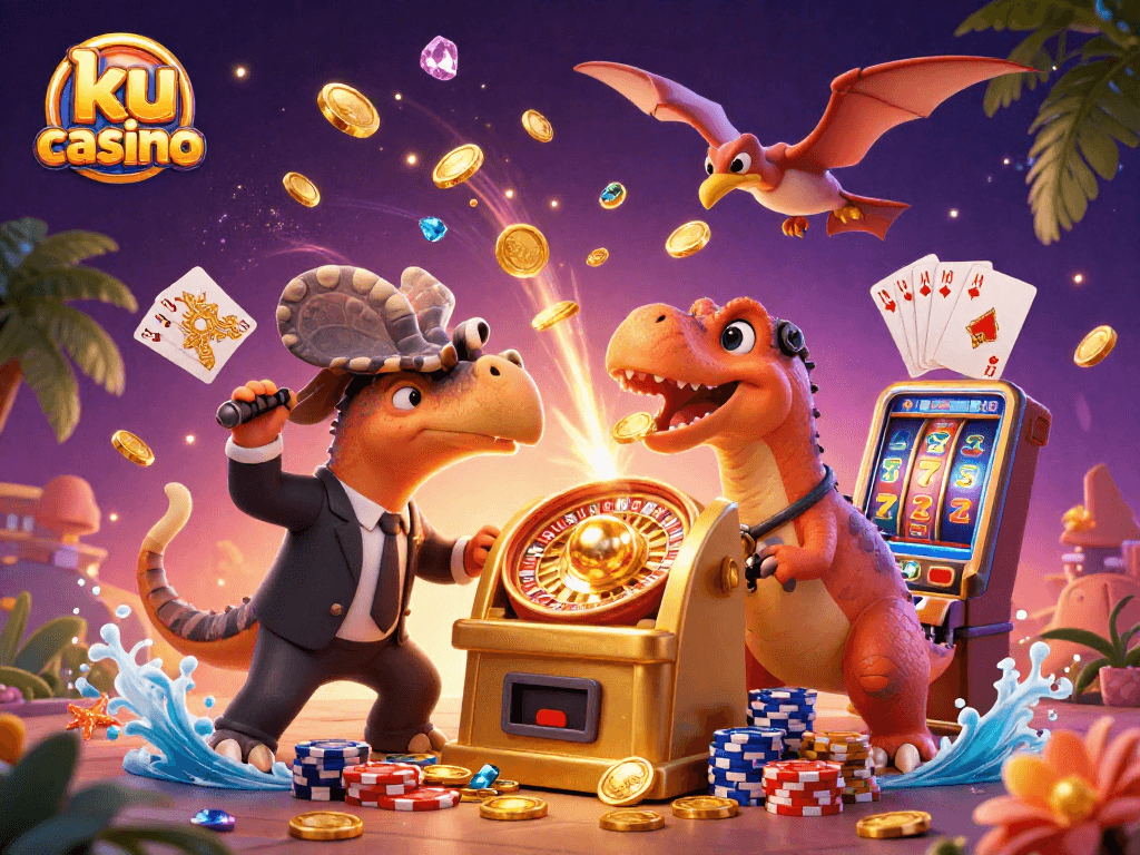ku casino celebrates a jackpot payout with fantastic creatures and gold coins flying in a vibrant casino scene