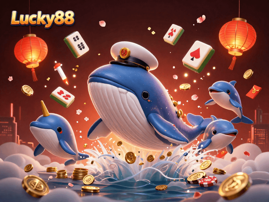 Experience the exhilarating world of Lucky88 with a whimsical 3D scene featuring a cartoon whale and playful dolphins amidst casino treasures.