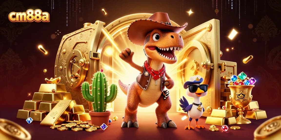 Engage with cm88a, a vibrant 3D scene featuring characters in a thrilling casino-like environment filled with treasures and excitement.