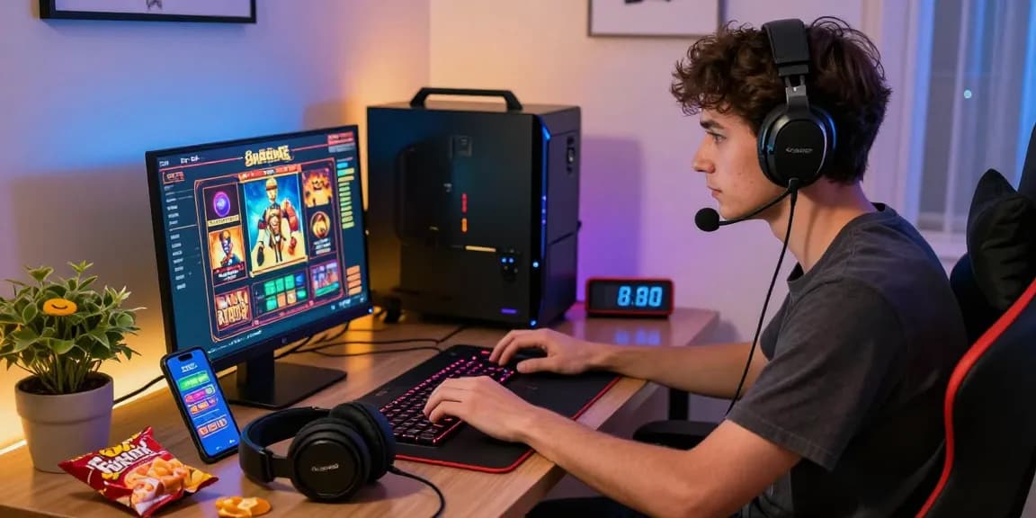 Engaging gamer session showcasing depo pulsa 10k tanpa potongan gameplay, vibrant atmosphere with laptop, snacks, and gaming gear.