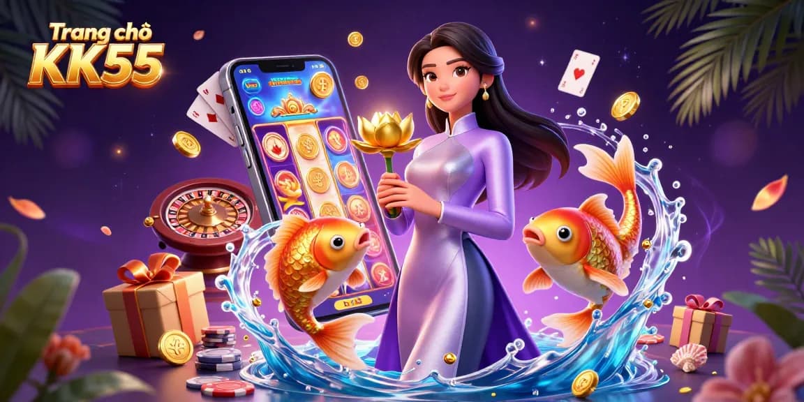 Engage with the vibrant world of Trang chủ KK55 as an elegant Asian woman showcases slot gaming excitement with koi fish.