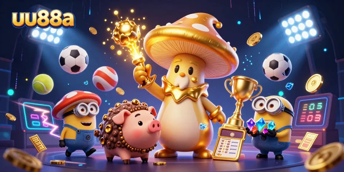 Experience the magic of gaming with uu88a's vibrant 3D illustration full of treasures and sports elements