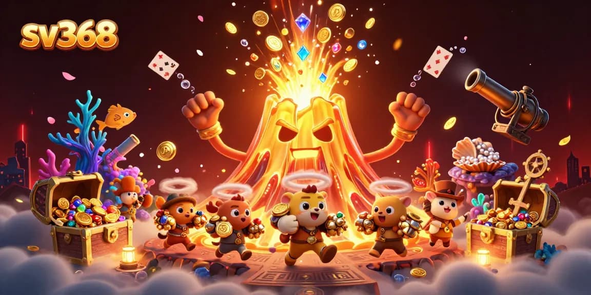 Experience sv368's thrilling treasure hunt with a 3D volcano erupting coins and gems.