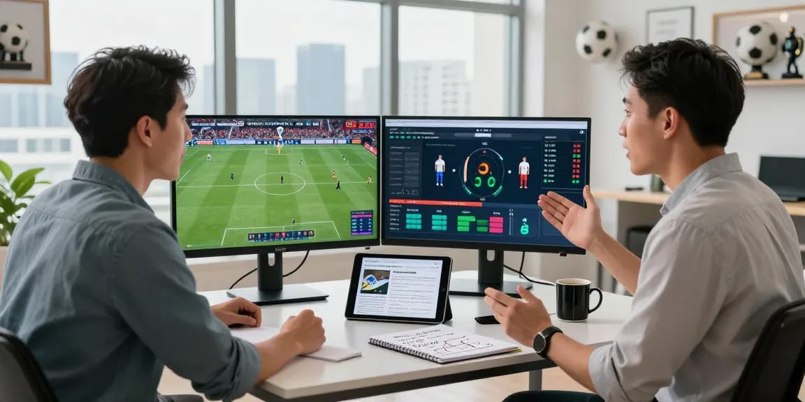 Bongdata dynamic sports analysis setting with analyst reviewing World Cup statistics and betting odds.