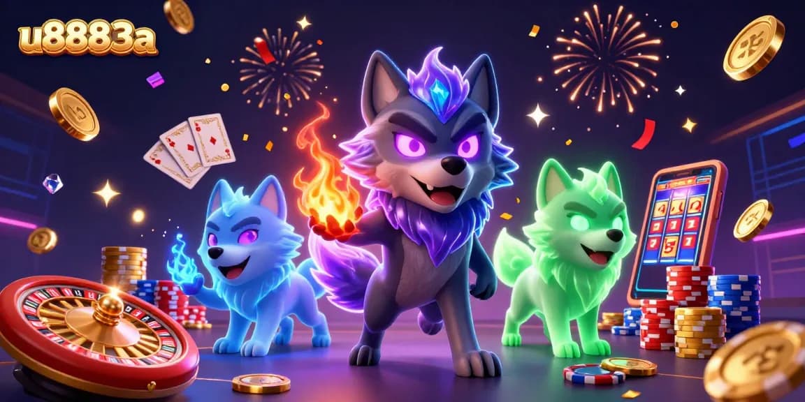 Experience thrilling gameplay at u8883a with glowing wolf characters amidst cascading coins and spinning roulette.
