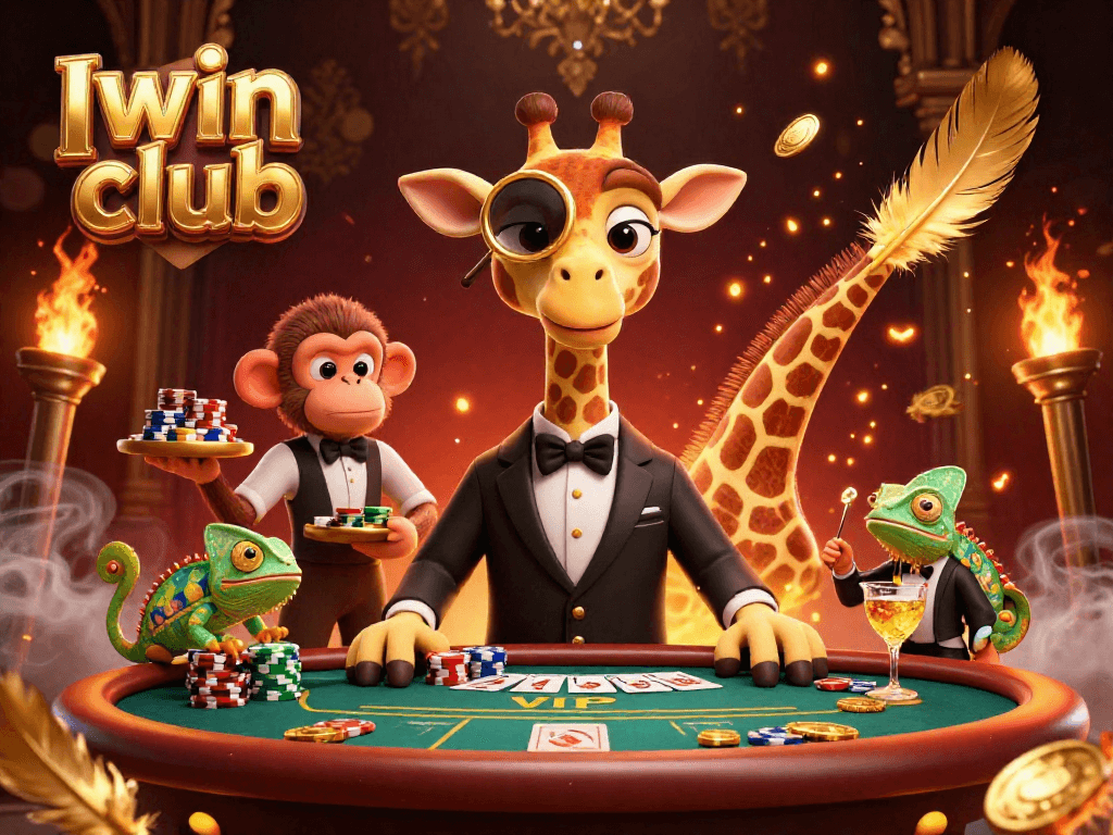 Iwin club showcases a vibrant scene with a high-roller giraffe at a poker table, enhancing your gambling experience.