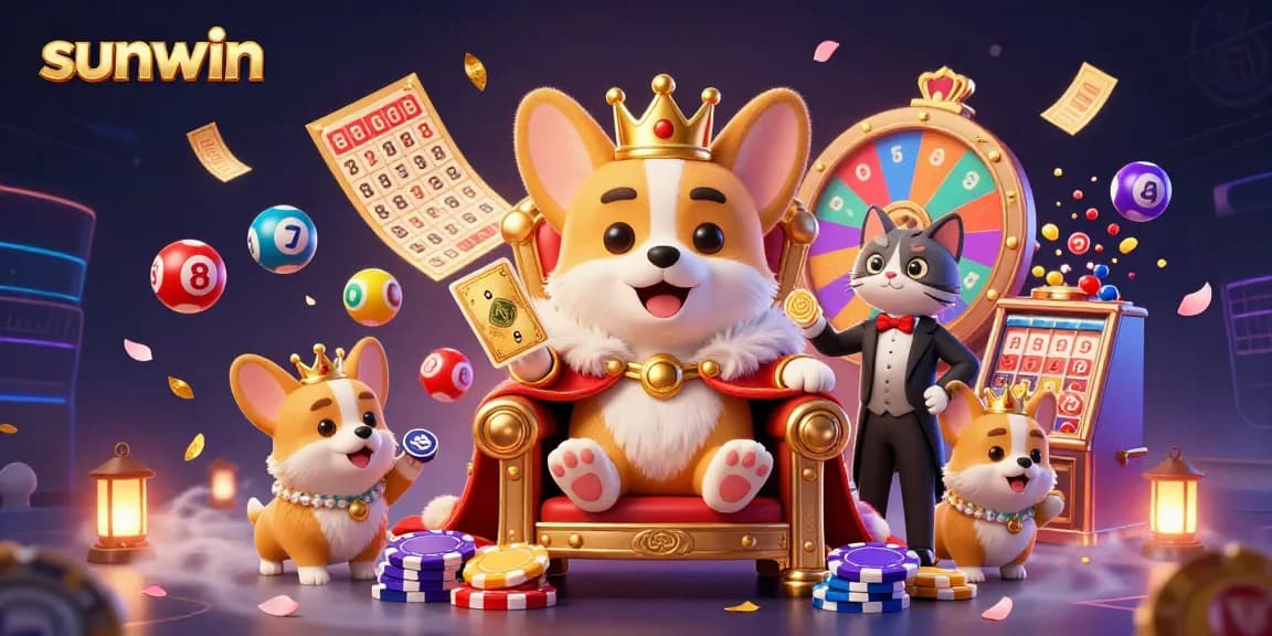 Engage in gambling fun with sunwin, witnessing a royal corgi in a casino ambiance surrounded by colorful lottery excitement.