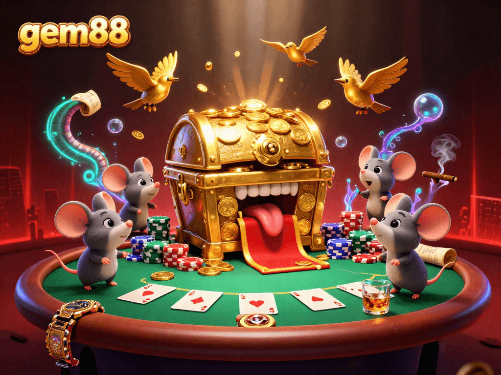 Engage in exciting poker action with gem88's vibrant illustration featuring rich casino elements.