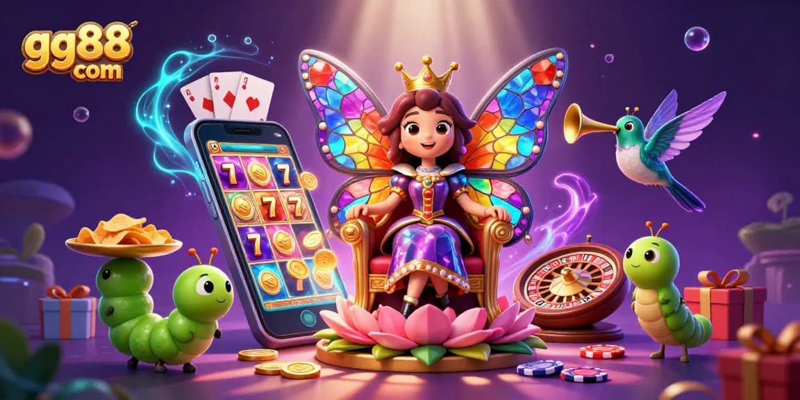 Experience the thrill of gaming with gg88 com, featuring a colorful 3D casino scene with a butterfly queen and thrilling slot games.