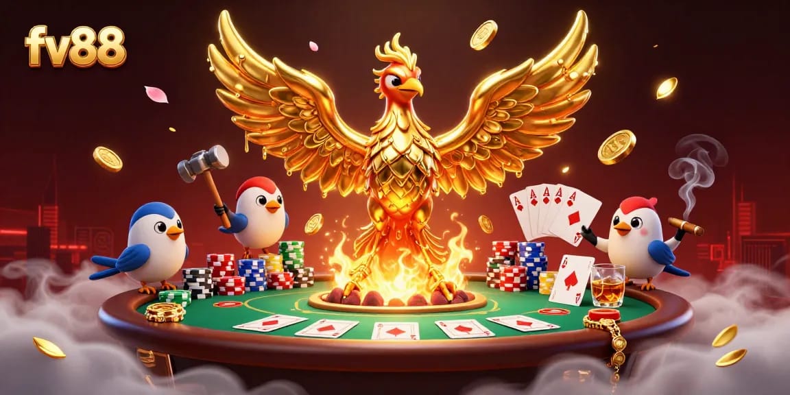 Experience thrilling gameplay at fv88 with golden phoenix and poker action in a vibrant casino setting.