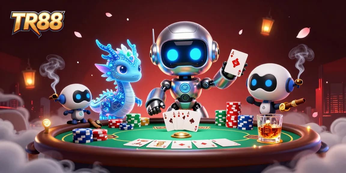 Engage with the TR88 gaming action featuring a cyberpunk robot and poker theme