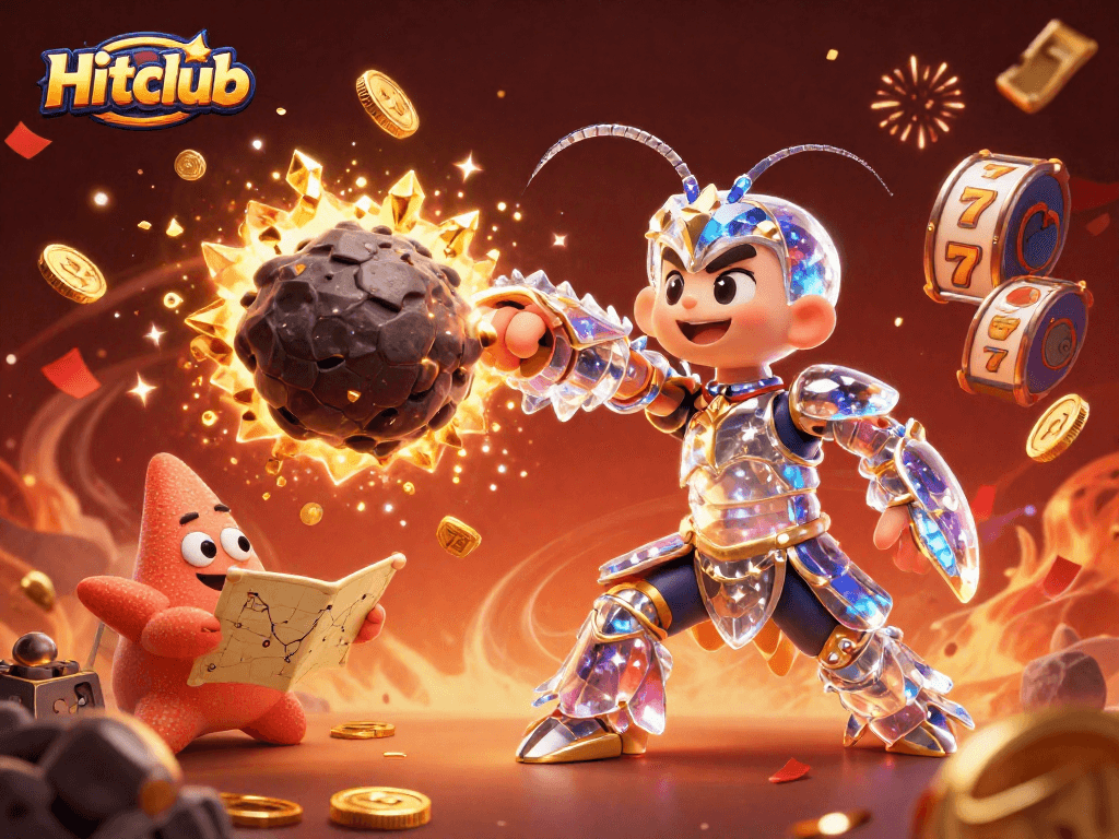Hitclub showcases a galactic samurai mantis shrimp battling asteroids, with slots and festive elements.
