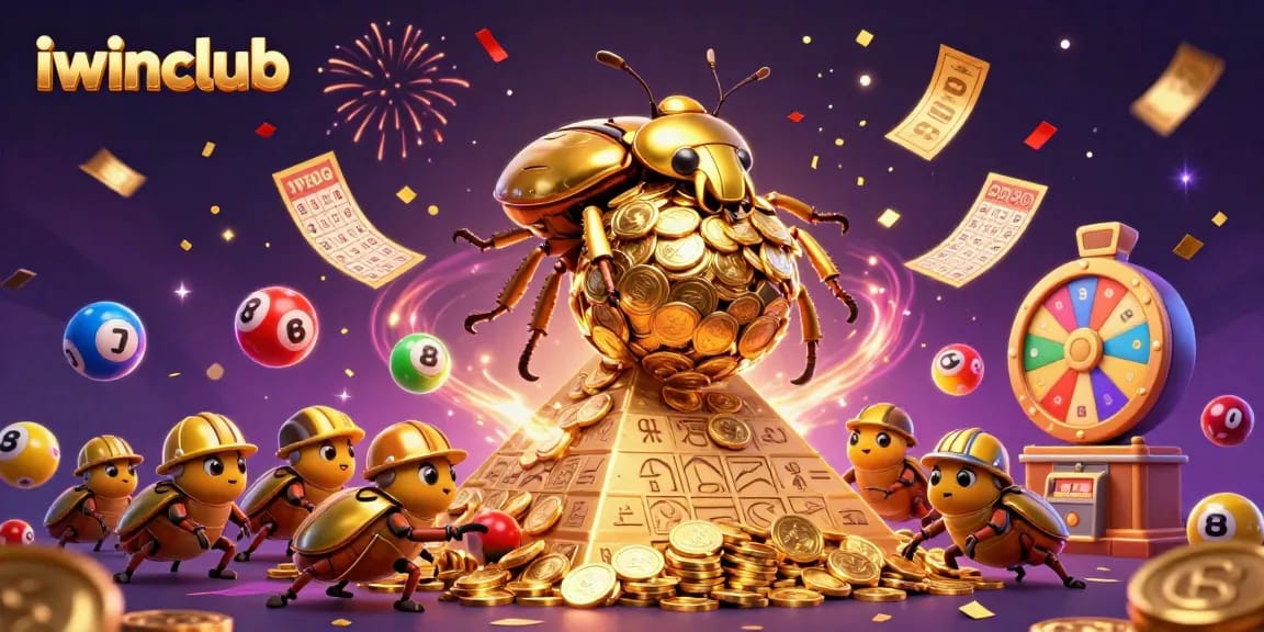 Spin to win at iwinclub with dynamic 3D cartoon illustration of golden dung beetles and casino symbols.