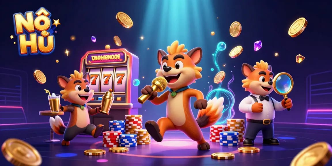 Nổ Hũ themed 3D cartoon scene of hyenas enjoying casino fun with golden coins and slots.