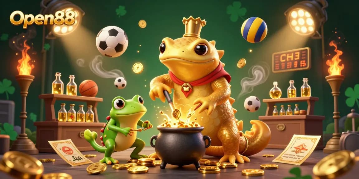 Open88 players enjoy a thrilling adventure with vibrant gold coins, sports elements, and enchanting alchemy.