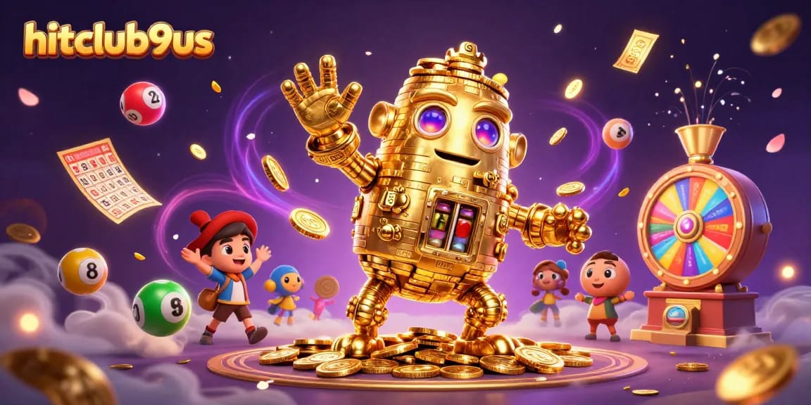 Engage with hitclub9us at a dynamic 3D casino scene filled with vibrant gambling elements.