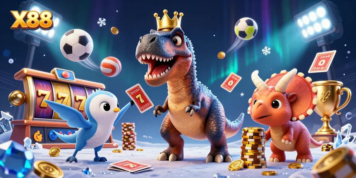 X88 engages users with a vibrant 3D casino scene featuring characters playing with cards and chips.