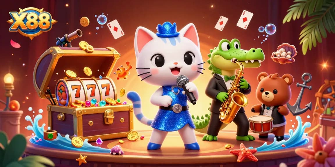 X88 offers a vibrant casino experience, showcasing animated characters amidst floating playing cards and gold coins.
