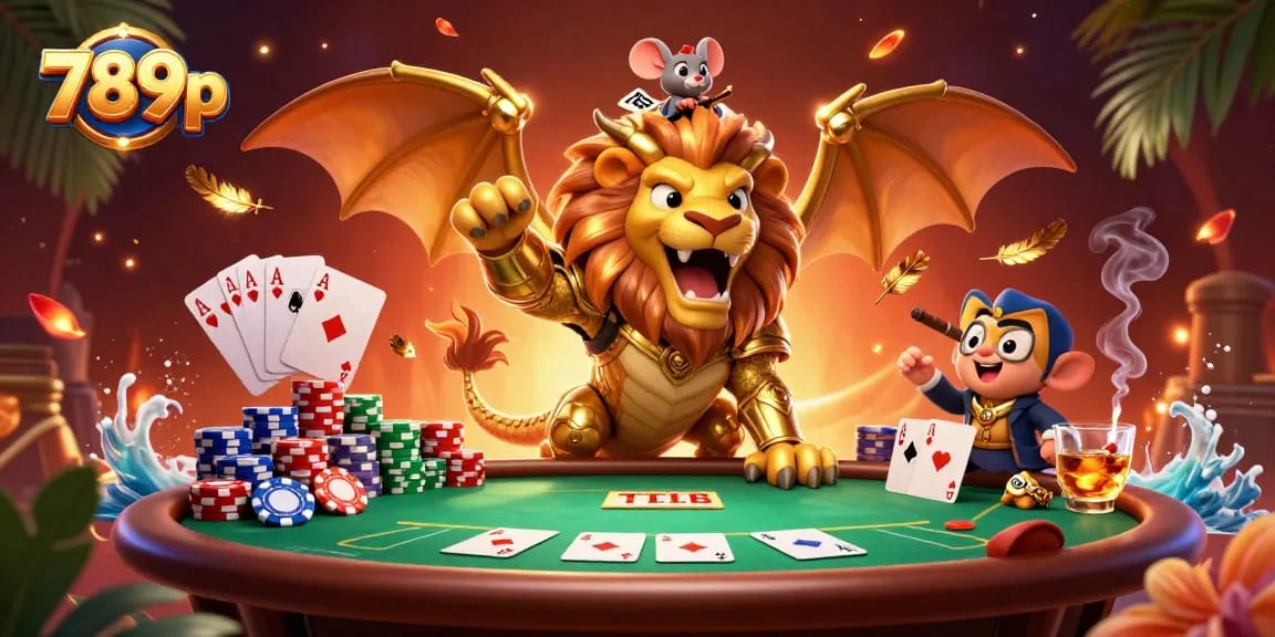 Experience thrilling poker action with 789p, featuring a roaring chimera and dramatic game elements.