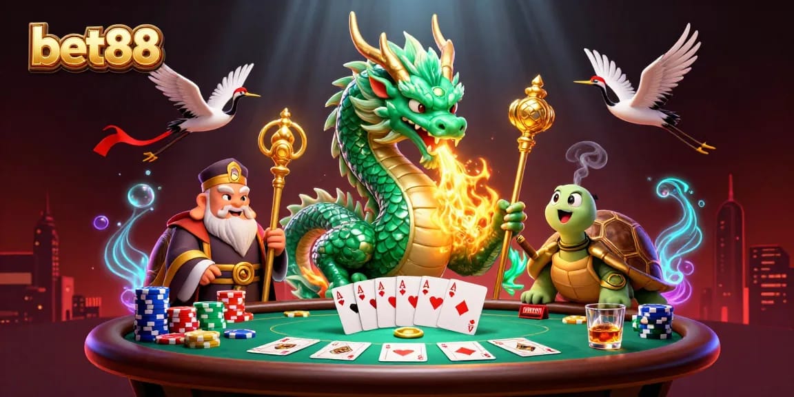 Engage with bet88's vibrant casino world featuring a dragon and turtles in a dynamic gaming scene.